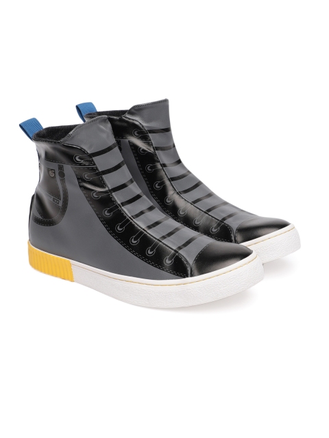 

DIESEL Men Grey & Black Printed Mid-Top Slip-On Sneakers