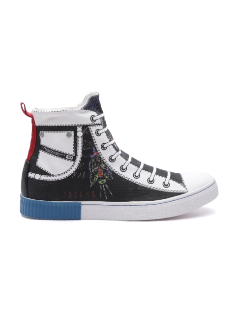 

DIESEL Men Black & White Printed Mid-Top Slip-On Sneakers