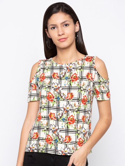 

Globus Women Cream-Coloured Printed Cold-Shoulder Top