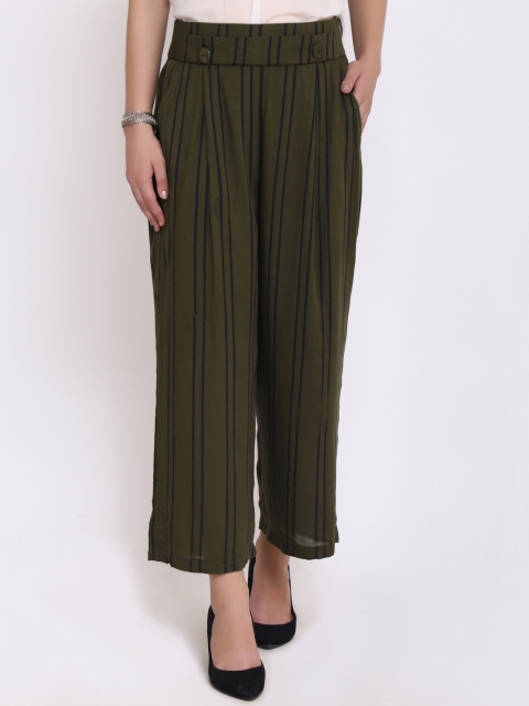 

PURYS Women Olive Green & Navy Blue Smart Flared Striped Parallel Trousers