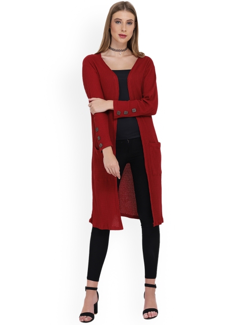 

PURYS Women Red Solid Open Front Longline Shrug