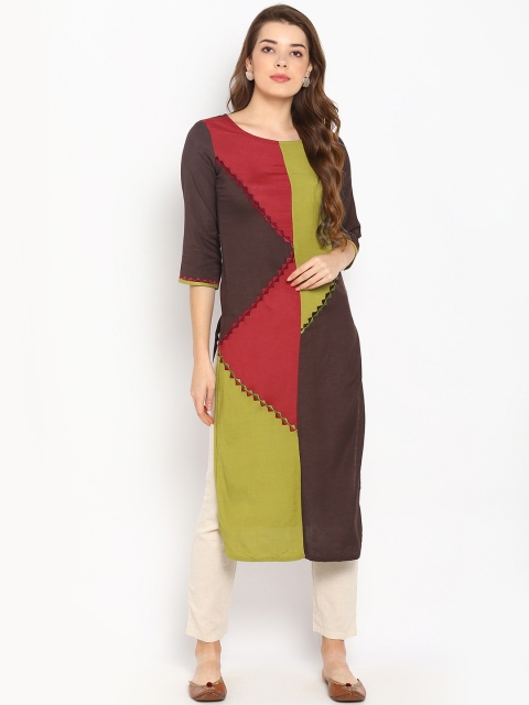 

Mirchi Fashion Women Olive Green & Brown Colourblocked Straight Kurta