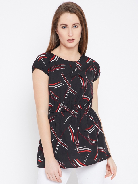 

Ruhaans Women Black Printed Cinched Waist Top