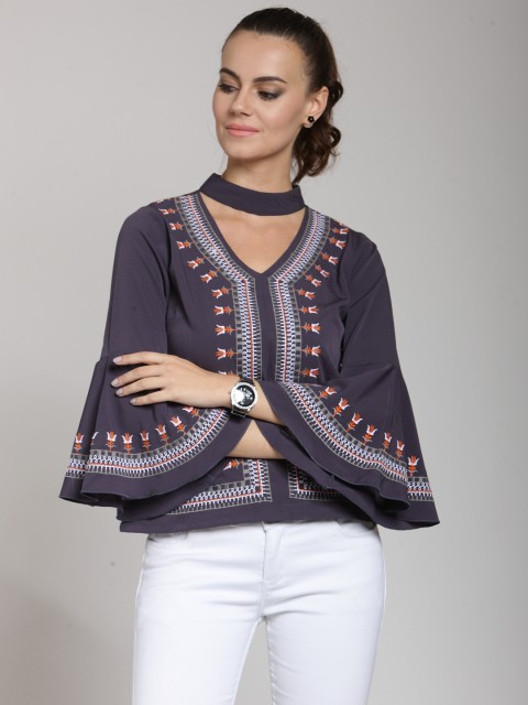 

plusS Women Purple Embroidered A-Line Top