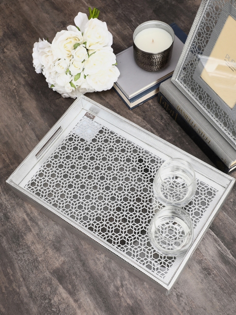 

Pure Home and Living Silver-Toned Geometric Faux Leather Rectangular Tray