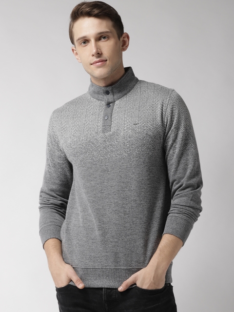 

Okane Men Grey Melange & White Self Design Sweatshirt