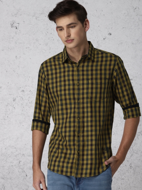 

Ecko Unltd Men Mustard Yellow & Navy Blue Slim Fit Checked Casual Shirt