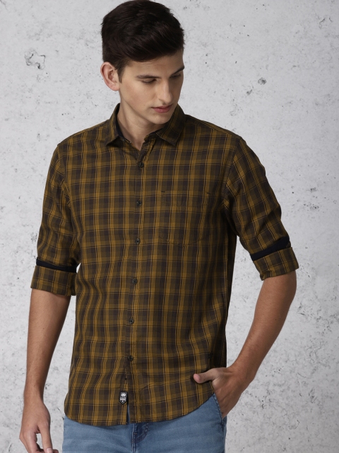 

Ecko Unltd Men Mustard Yellow & Navy Blue Slim Fit Checked Casual Shirt