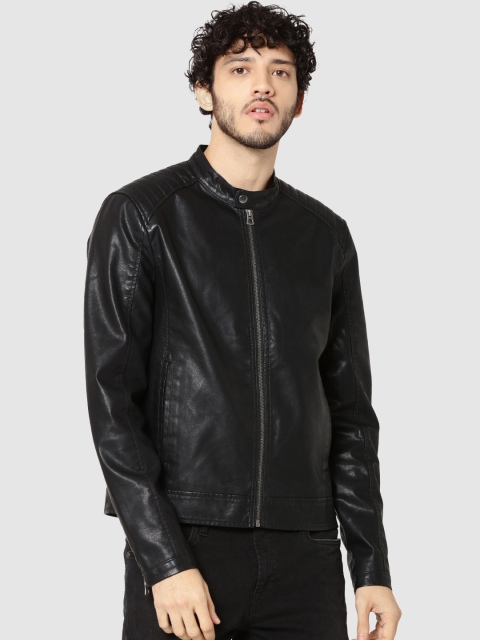

Jack & Jones Men Black Solid Biker Jacket