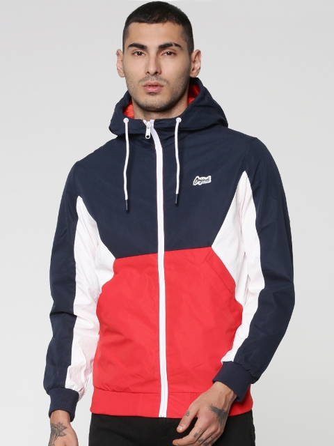 

Jack & Jones Men Navy Blue & Red Colourblocked Open Front Jacket