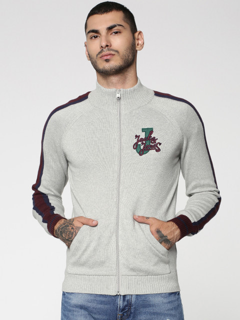 

Jack & Jones Men Grey Solid Front-Open Sweater With Applique Detail