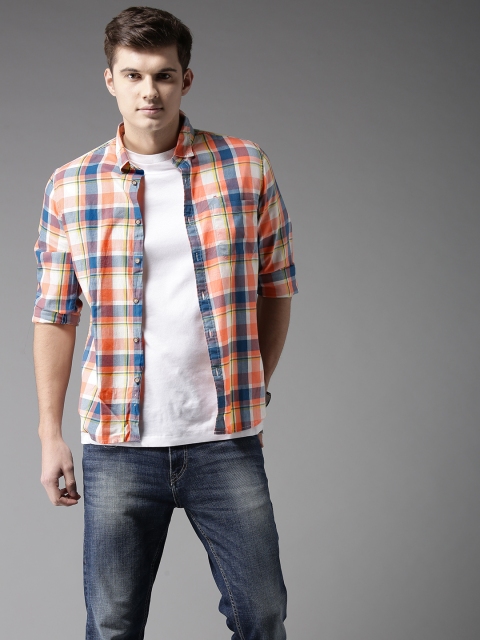 

Flying Machine Men Coral Pink & Teal Blue Regular Fit Checked Casual Shirt