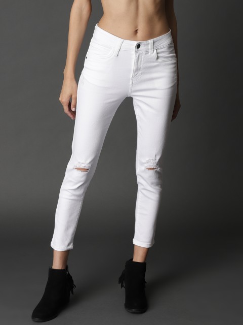

Roadster Women Off-White Skinny Fit Mid-Rise Slash Knee Stretchable Cropped Jeans