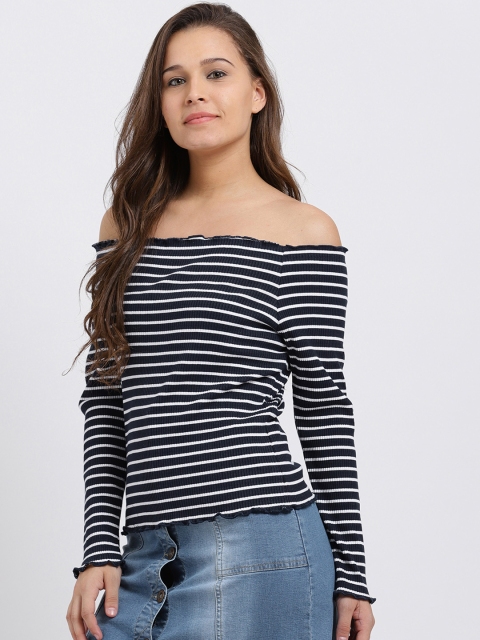 

Trend Arrest Women Navy Blue & White Striped Bardot Top