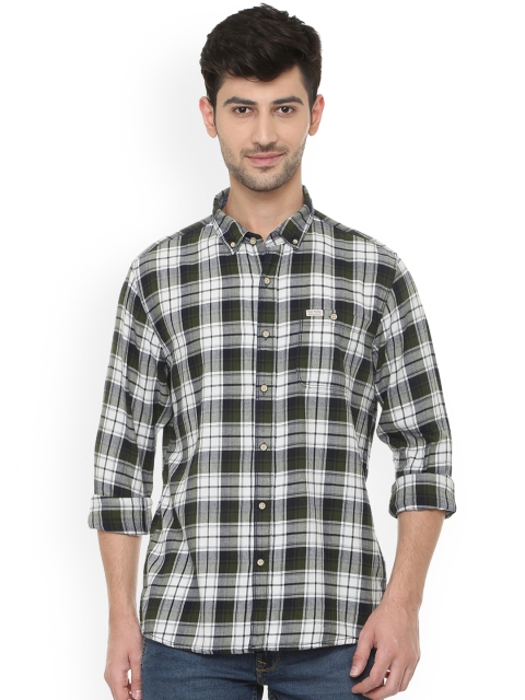 

People Men Green & Off-White Slim Fit Checked Casual Shirt