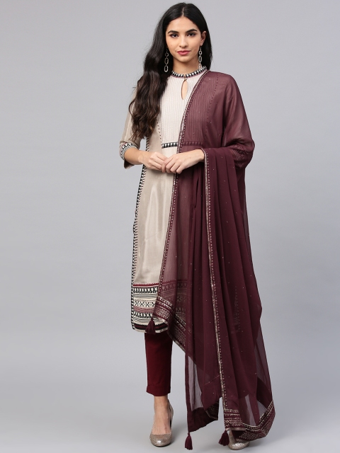 

W Burgundy & Golden Self Design Dupatta