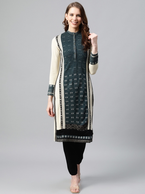 

W Women Cream-Coloured & Teal Green Ethnic Motifs Embroidered Kurta