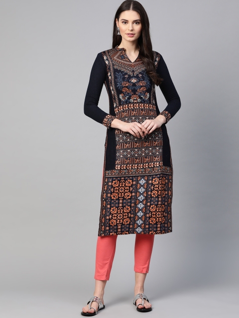 

W Women Navy Blue & Orange Ethnic Motifs Print Winter Kurta