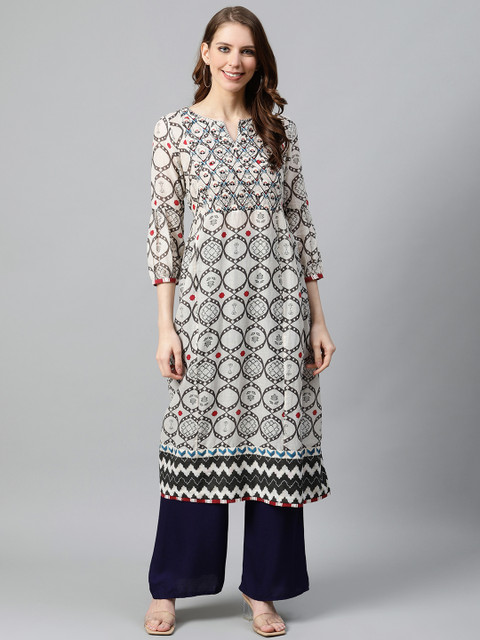 

W Women White & Blue Geometric Printed Kurta