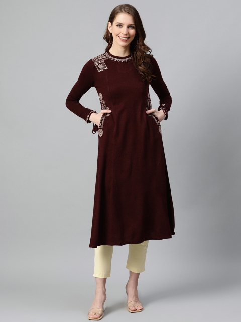 

W Women Maroon Geometric Embroidered Kurta