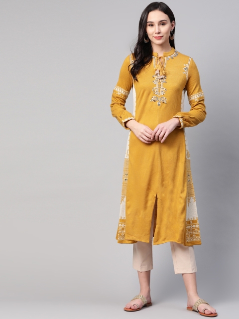 

W Women Mustard Yellow & Beige Solid A-Line Winter Kurta