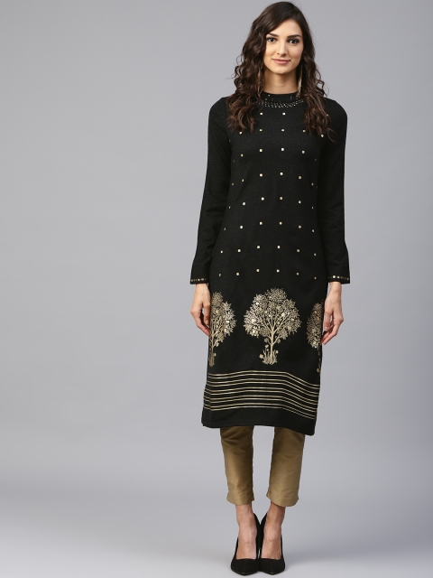 

W Women Charcoal Grey & Golden Printed Straight Kurta