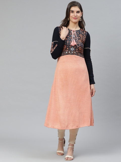 

W Women Peach-Coloured & Black Ethnic Motifs Patterned Tie-Up Neck A-Line Winter Kurta