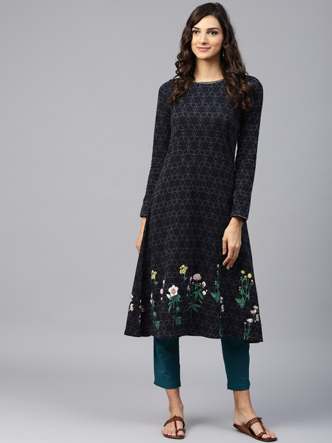 

W Women Navy Blue Woven Design A-line Winter Kurta
