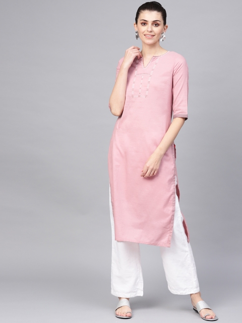 

W Women Pink & Black Yoke Design Straight Kurta