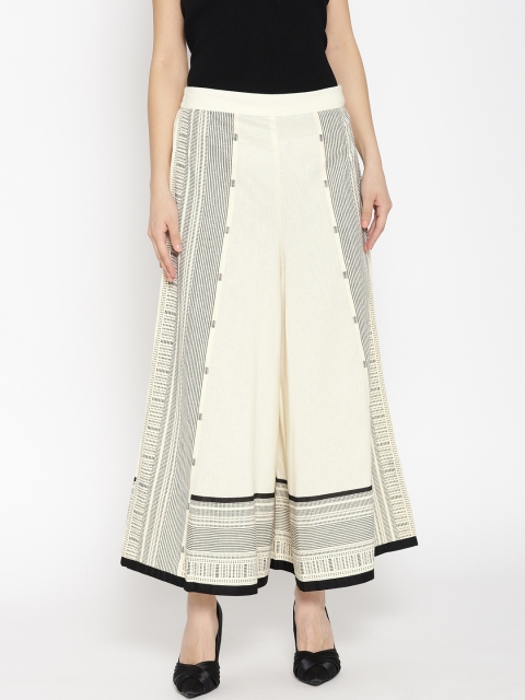 

W Women Cream-Coloured & Black Printed Flared Palazzos