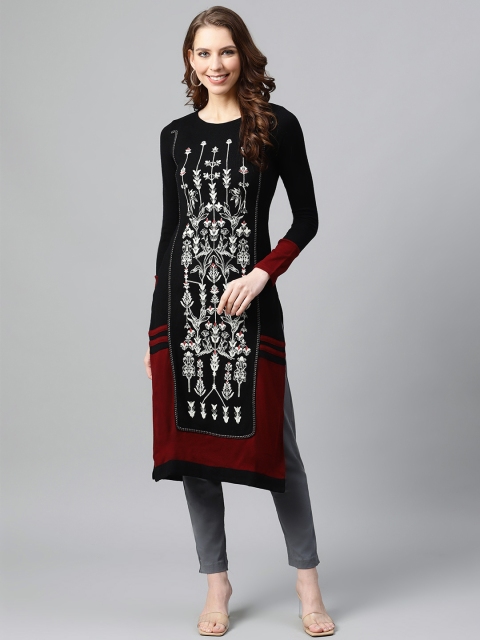 

W Women Black & Off-White Floral Printed Kurta