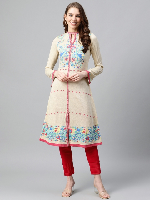 

W Beige & Blue Floral Printed Acrylic A-Line Kurta