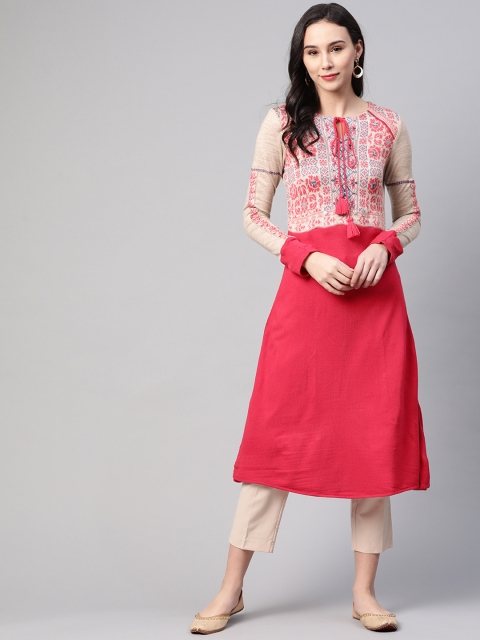 

W Women Pink & Beige Woven Design A-Line Winter Kurta