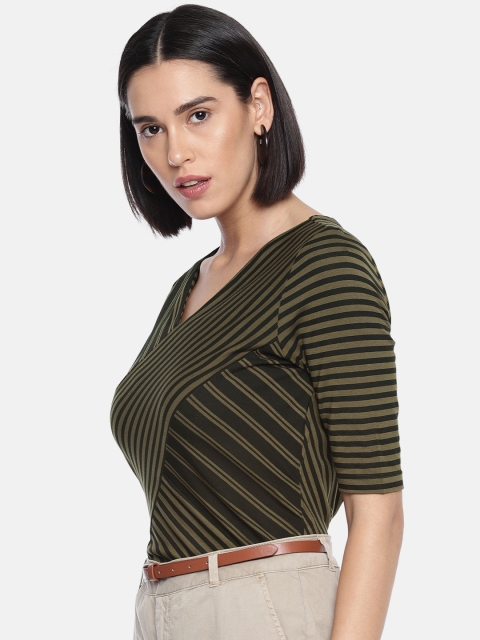 

Vero Moda Women Olive Green & Black Printed V-Neck T-shirt