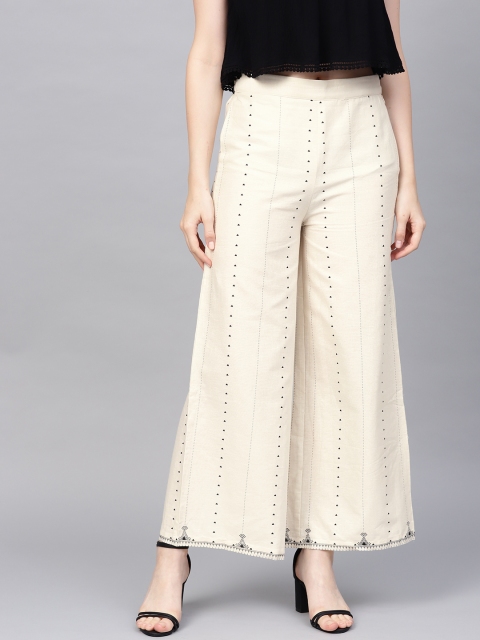 

W Women Cream-Coloured & Black Regular Fit Printed Parallel Trousers