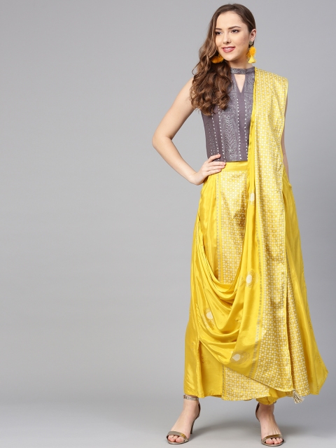 

W Women Yellow & Charcoal Grey Printed Top & Palazzos with Attached Dupatta