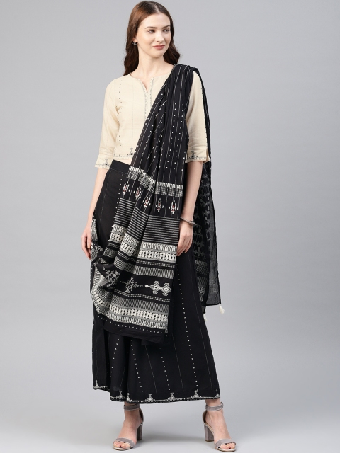 

W Cream-Coloured & Black Printed Ready to Wear Lehenga & Blouse With Dupatta