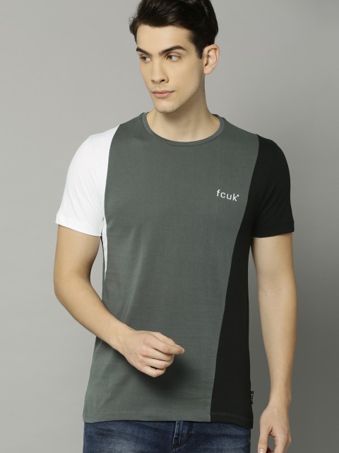 

French Connection Men Grey & Black Colourblocked Round Neck T-shirt