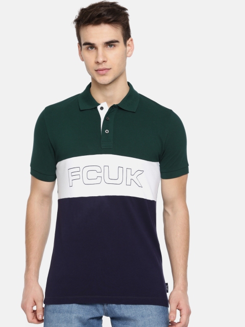 

French Connection Men Green Colourblocked Polo Collar T-shirt
