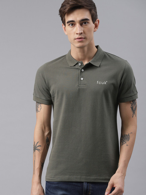 

French Connection Men Olive Green Solid Polo Collar T-shirt