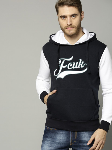 

French Connection Men Navy Blue Solid Hooded Sweatshirt