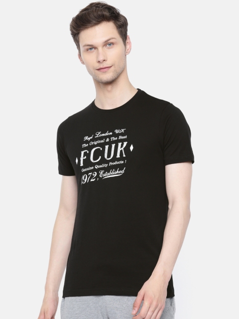 

French Connection Men Black Printed Round Neck Pure Cotton T-shirt