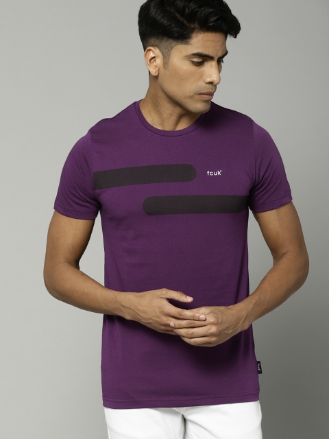 

French Connection Men Purple Solid Round Neck T-shirt