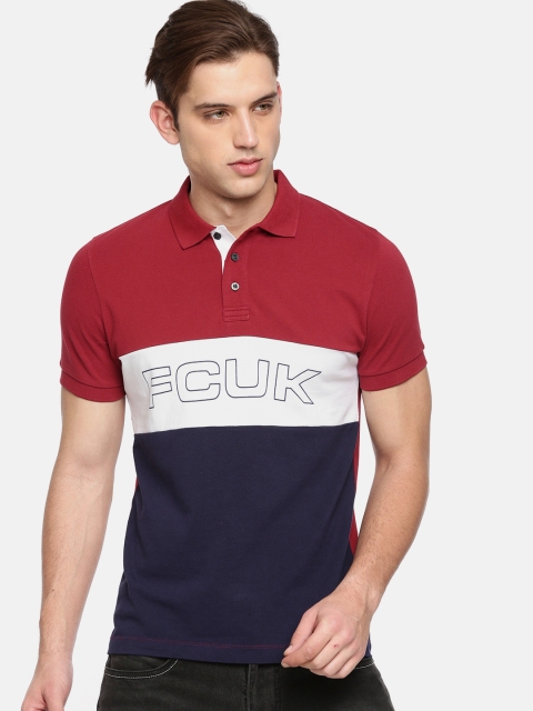

French Connection Men Red Colourblocked Polo Collar T-shirt