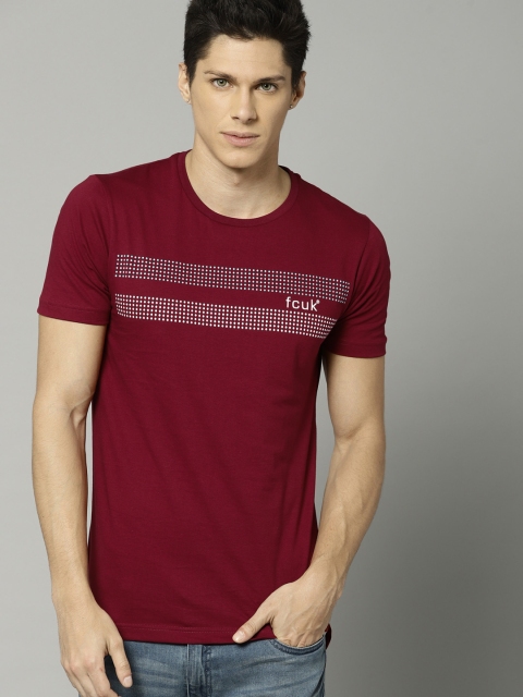 

French Connection Men Maroon Printed Round Neck T-shirt