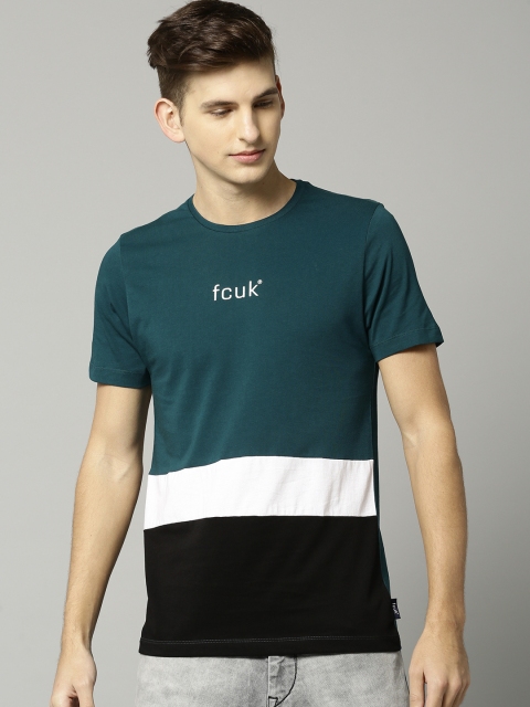 

French Connection Men Green Colourblocked Round Neck T-shirt