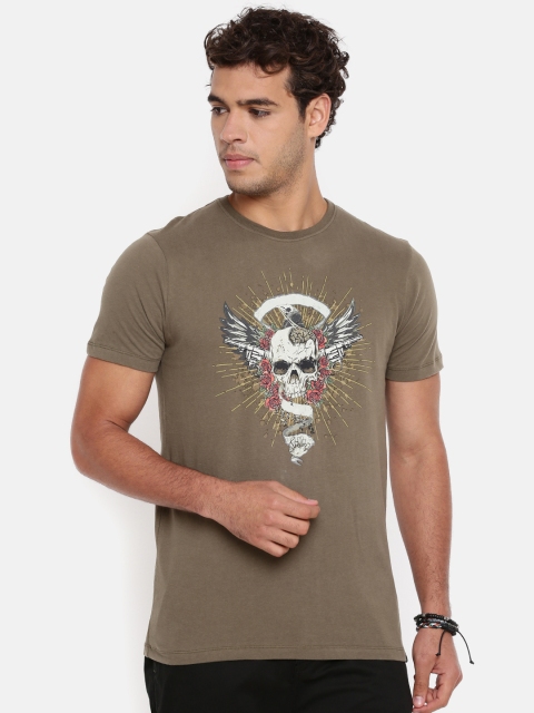 

Breakbounce Men Olive Brown Printed Round Neck T-shirt