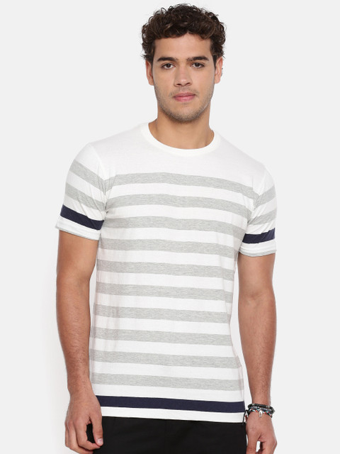 

Breakbounce Men White & Grey Striped Round Neck T-shirt