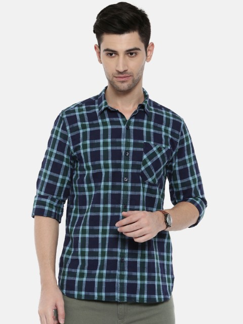 

Breakbounce Men Navy Blue & Green Slim Fit Checked Casual Shirt