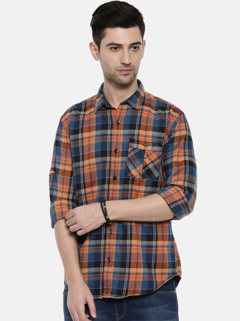 

Breakbounce Men Orange & Blue Slim Fit Checked Casual Shirt